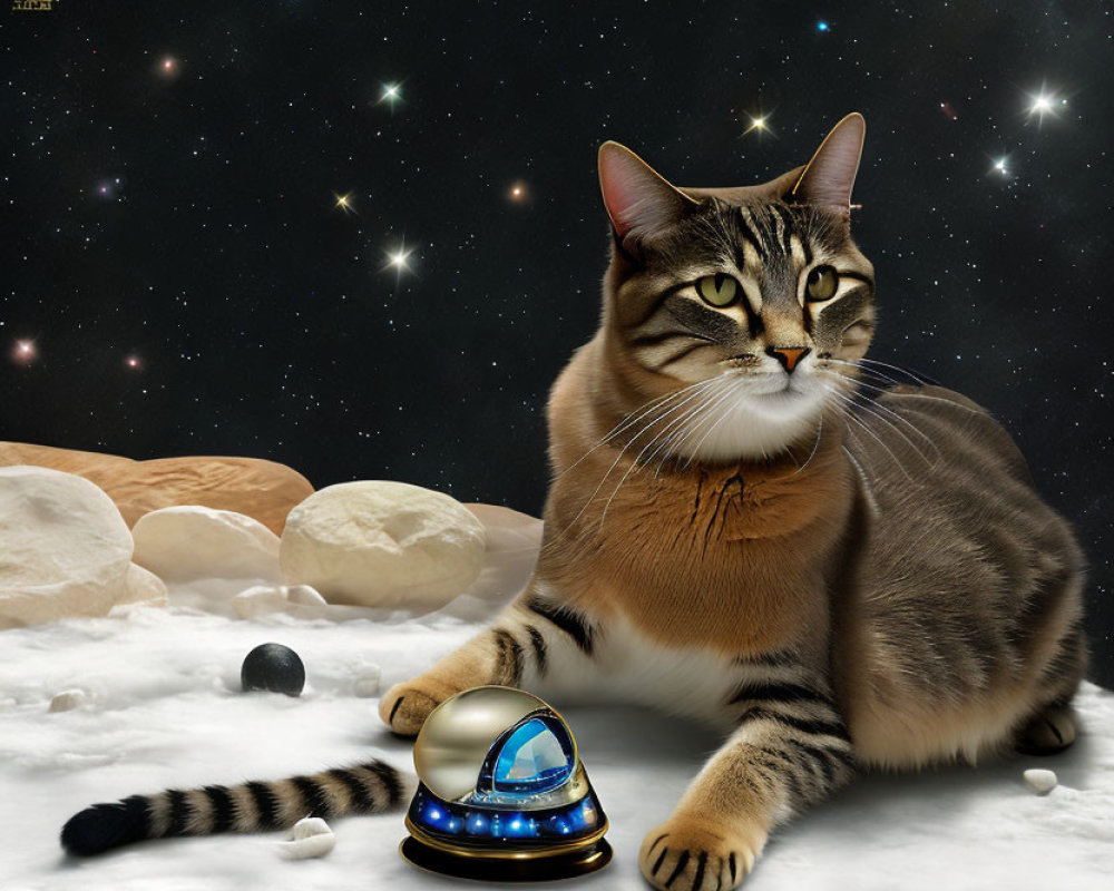 Tabby Cat on Cosmic Background with Space Scene and Rocks