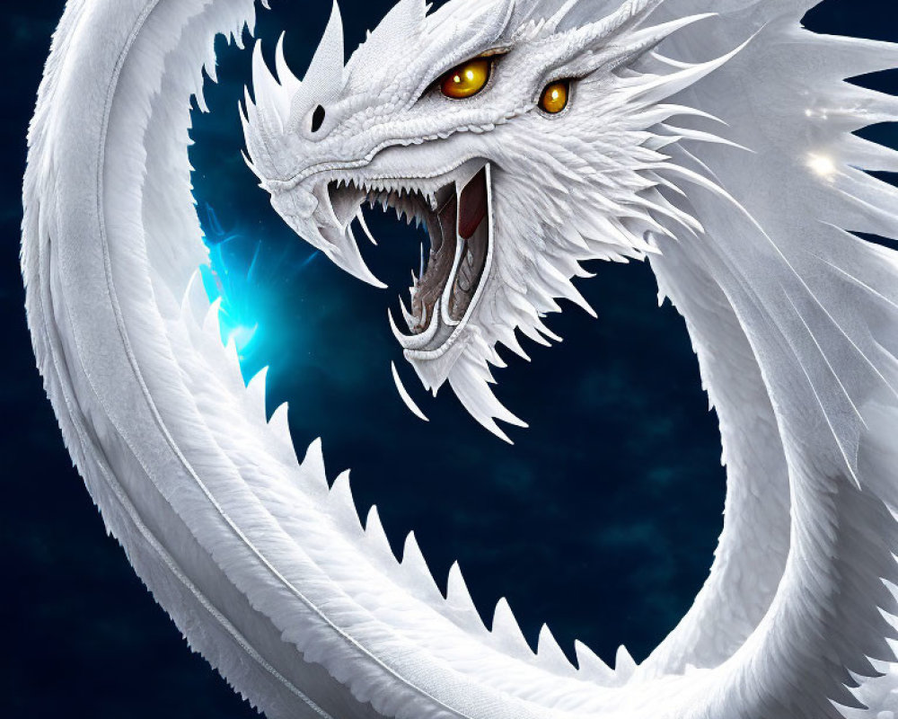 White Dragon with Glowing Eyes in Dark Starry Background