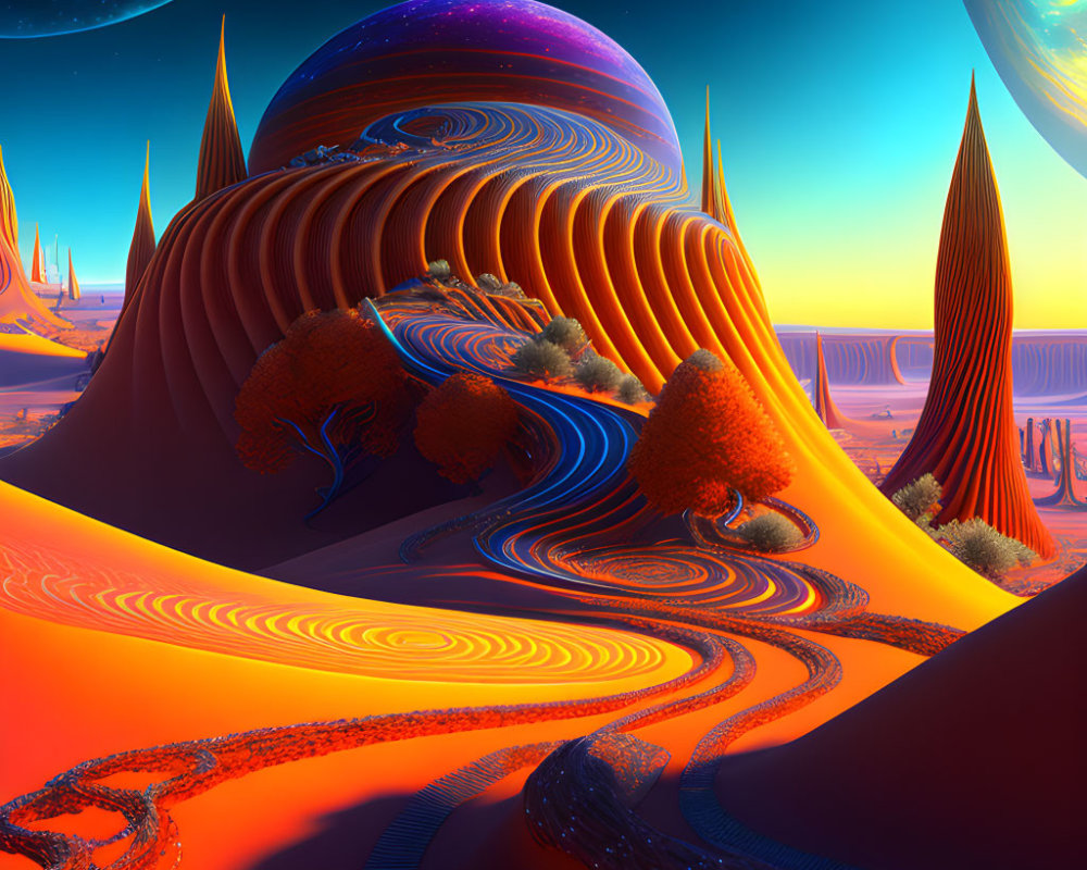 Colorful surreal landscape with swirling patterns, orange and blue hues, alien trees, and oversized planets.