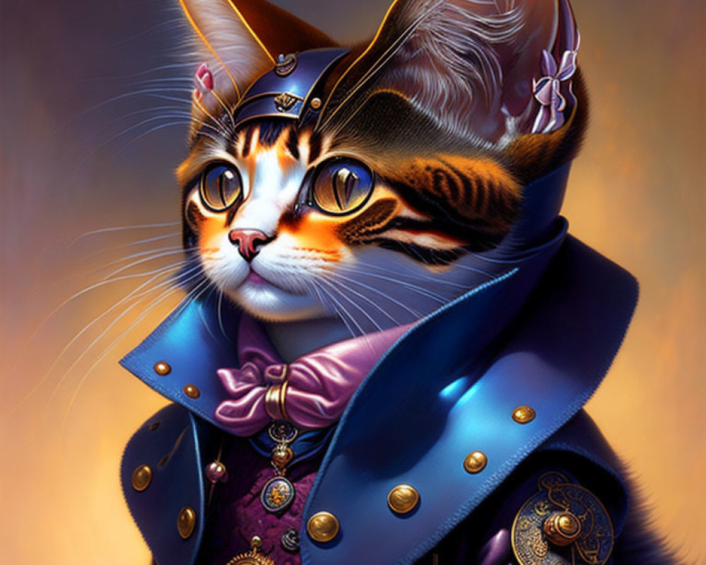 Anthropomorphized cat in regal steampunk attire with brass goggles