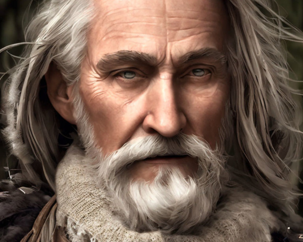 Elderly Man with Intense Eyes and White Beard in Medieval Attire