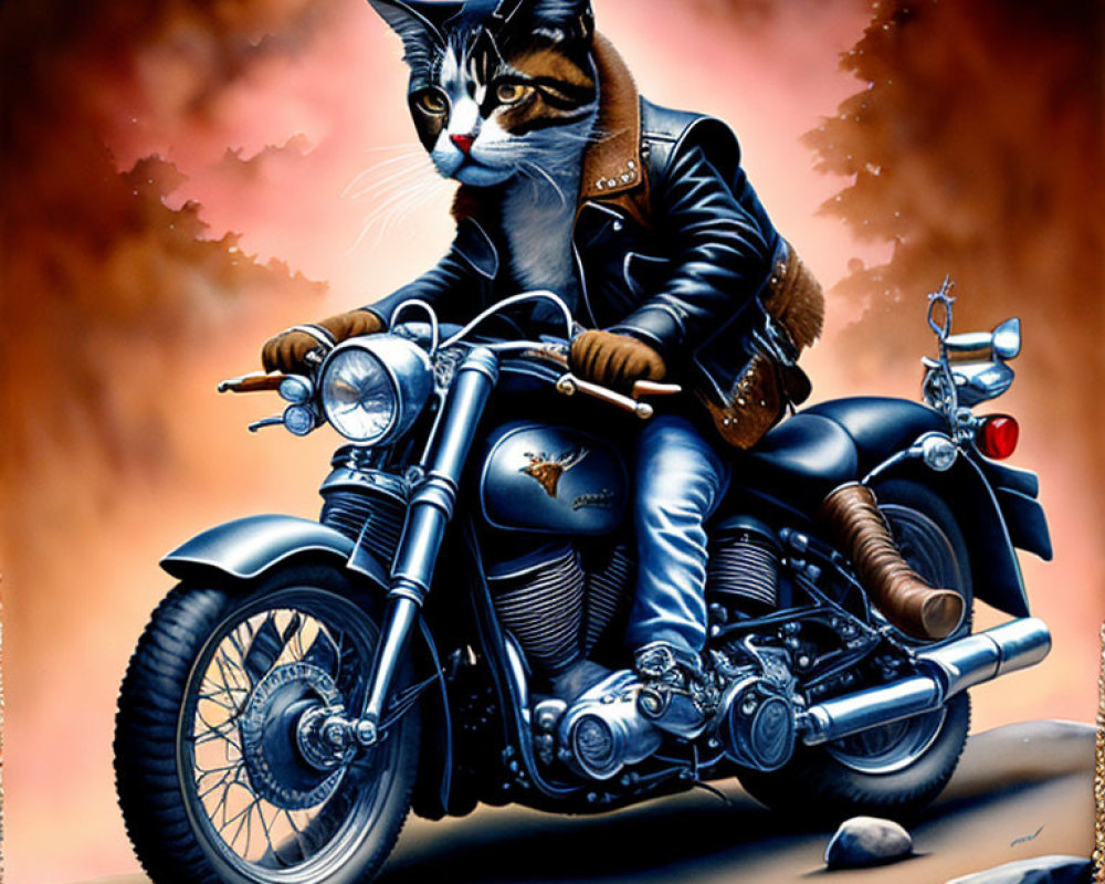 Cat in leather jacket riding motorcycle in orange backdrop