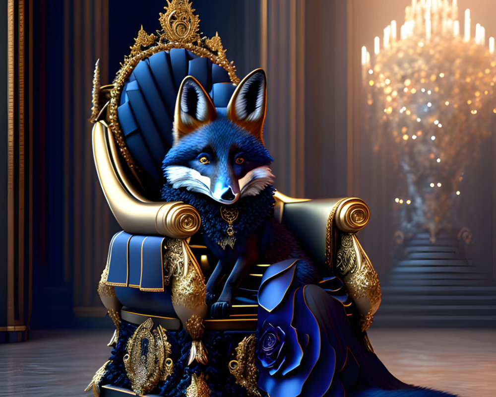 Regal anthropomorphic fox on golden throne with blue rose in luxurious room