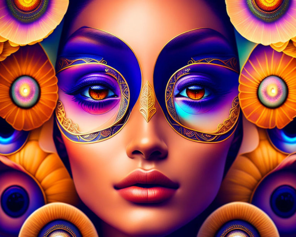 Colorful digital portrait of woman with peacock feather makeup and multiple eyes.