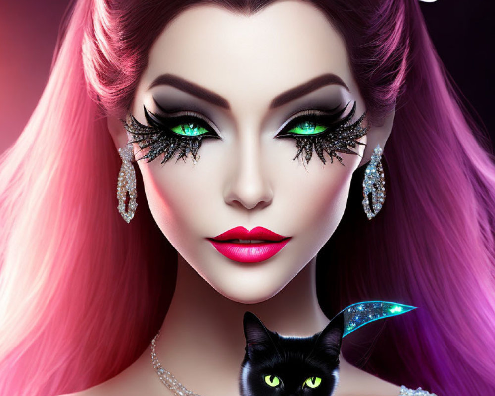 Fantasy-themed female character with dramatic makeup and ombre hair, accompanied by a black cat and