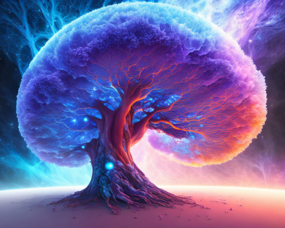 Colorful digital artwork: Tree with blue and orange canopy against cosmic backdrop