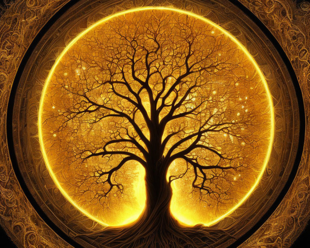 Radiant tree in ornate circular frame under starry night sky