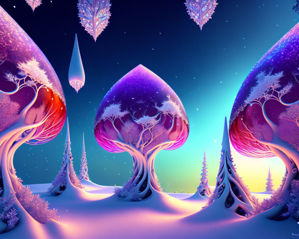 Surreal digital artwork of snowy tree-like structures under twilight sky