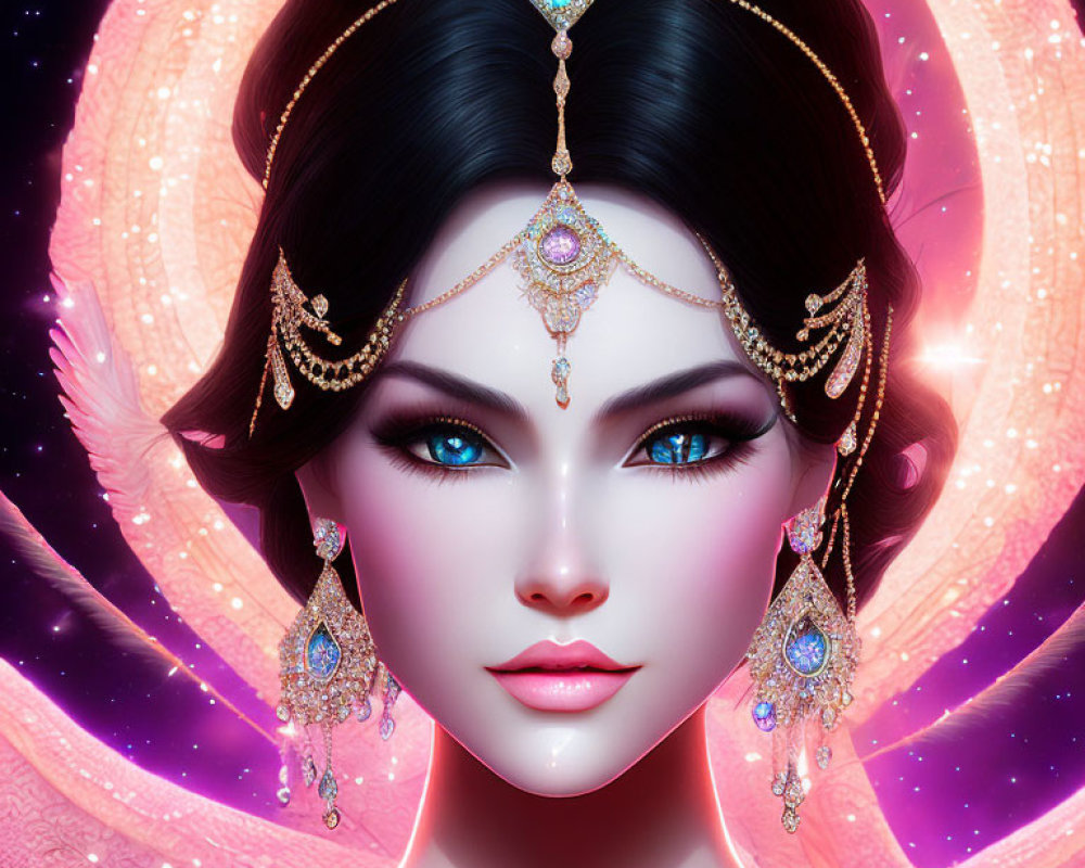 Digital art portrait of woman with blue eyes and jeweled accessories on pink cosmic background