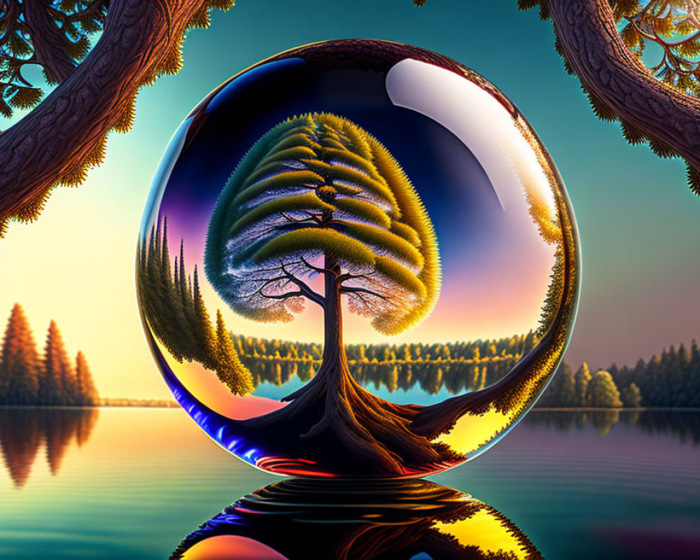 Colorful Crystal Ball Reflects Surreal Twilight Landscape