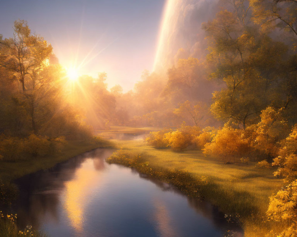 Golden forest river scene with autumn foliage and radiant sunrays