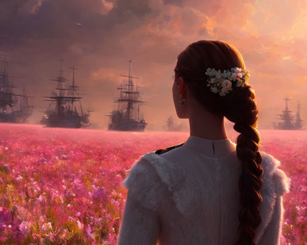 Woman with braided hair and flowers gazes at tall ships in a field of pink blossoms at