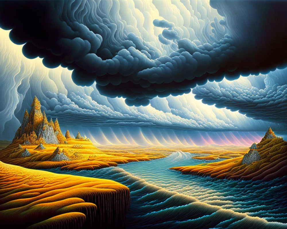 Surreal landscape with undulating hills, river, and dynamic clouds