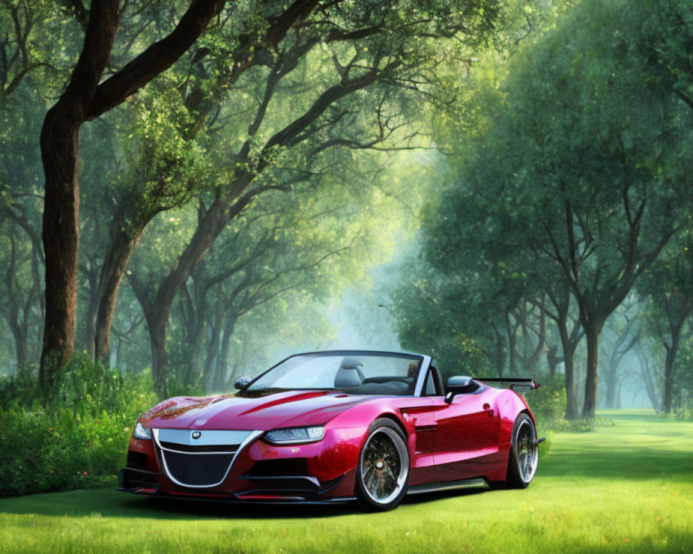 Red Convertible Sports Car Parked in Lush Green Field with Sunlight Filtering Through Trees