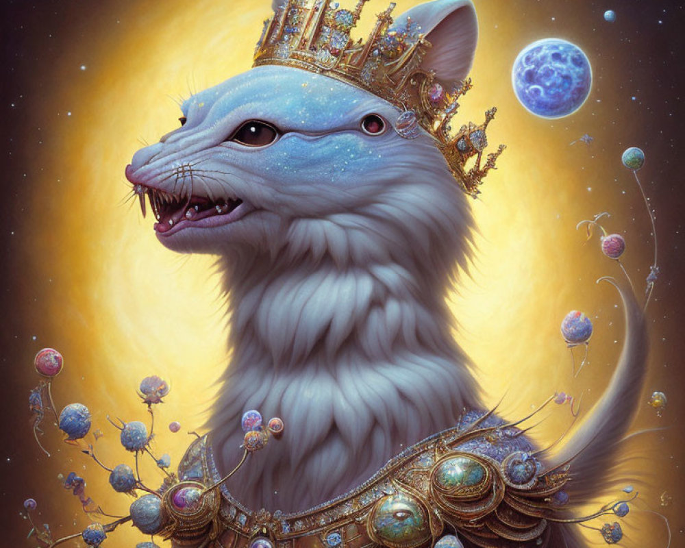 Anthropomorphic White Fox with Golden Crown in Cosmic Setting