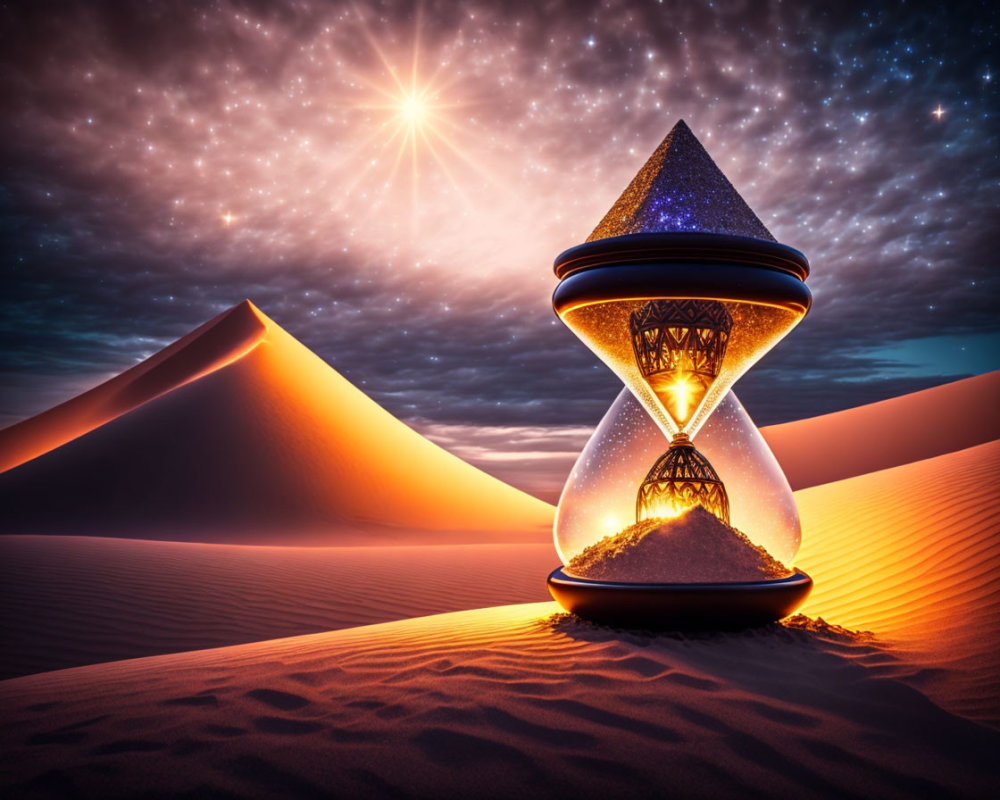 Hourglass with cosmic background on desert sands