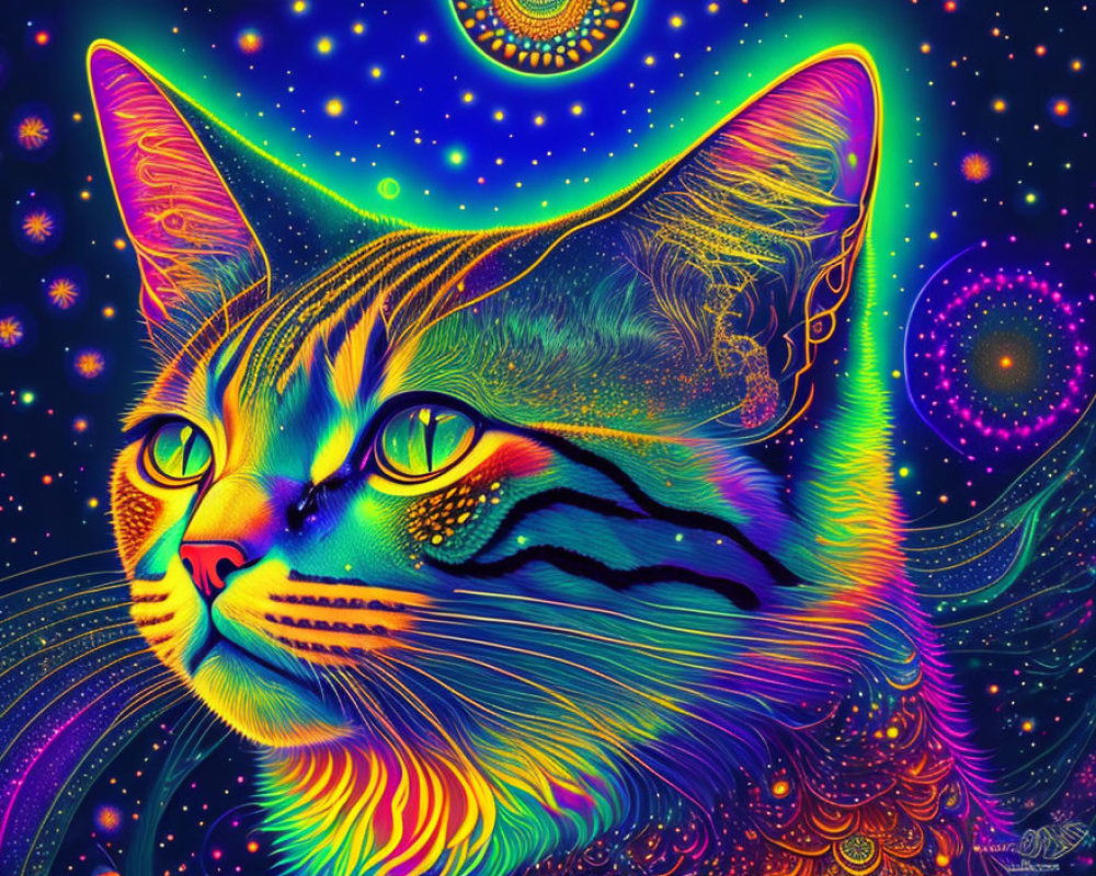 Colorful Psychedelic Cat Illustration with Neon Colors and Cosmic Background