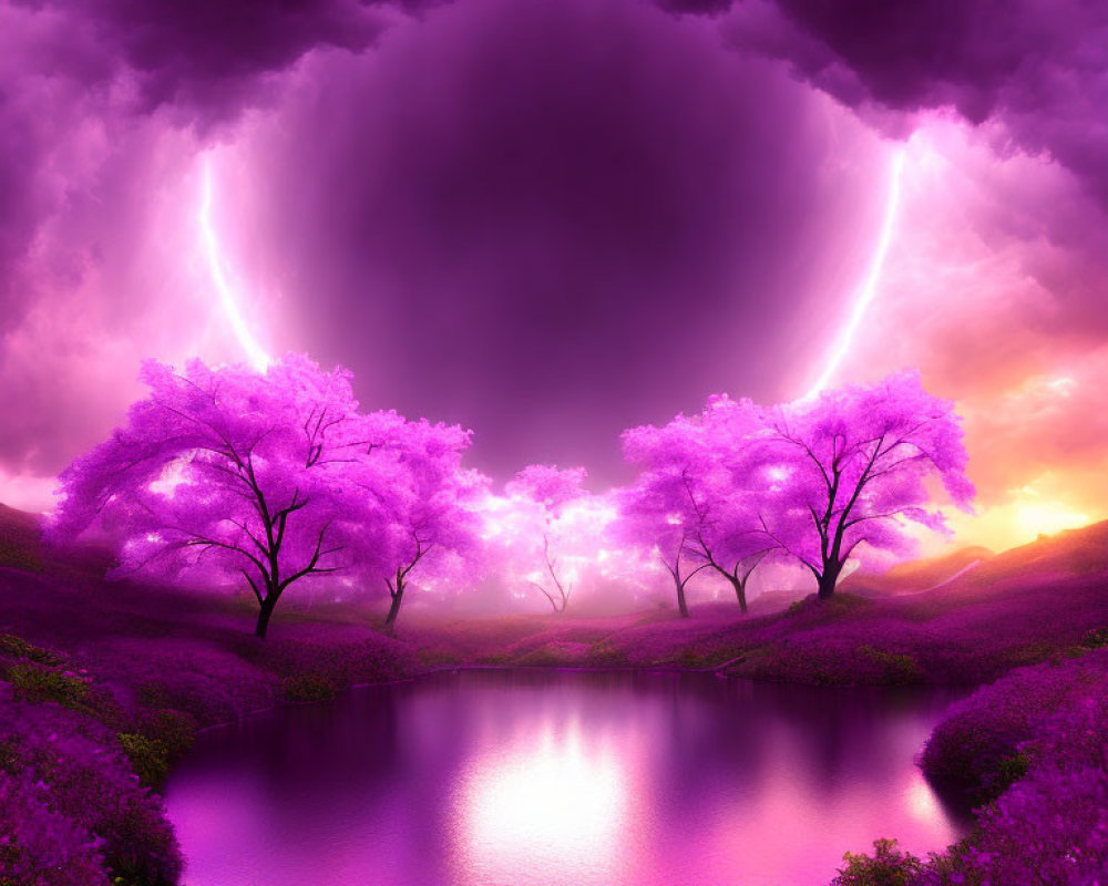 Colorful Fantasy Landscape: Purple Trees, Serene Lake, Pink Lightning Sky