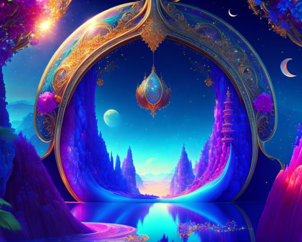 Fantasy landscape with golden archway, mystical trees, and starry sky