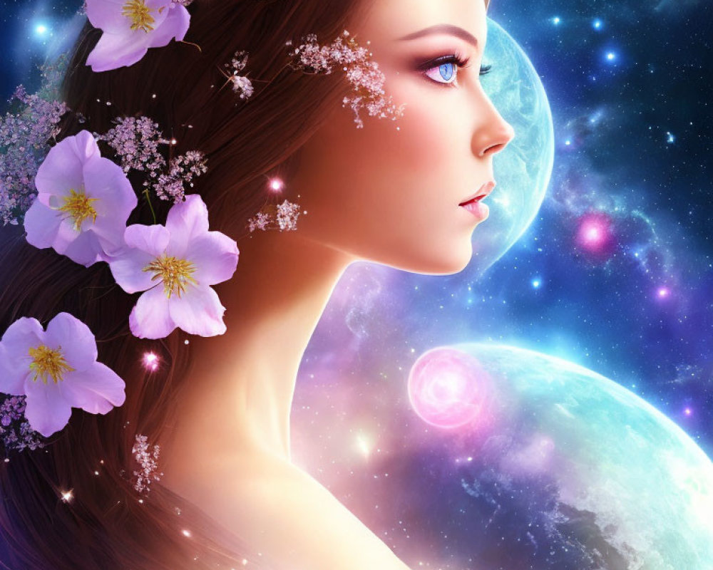 Cosmic-themed digital art portrait of a woman with moon, stars, and flowers