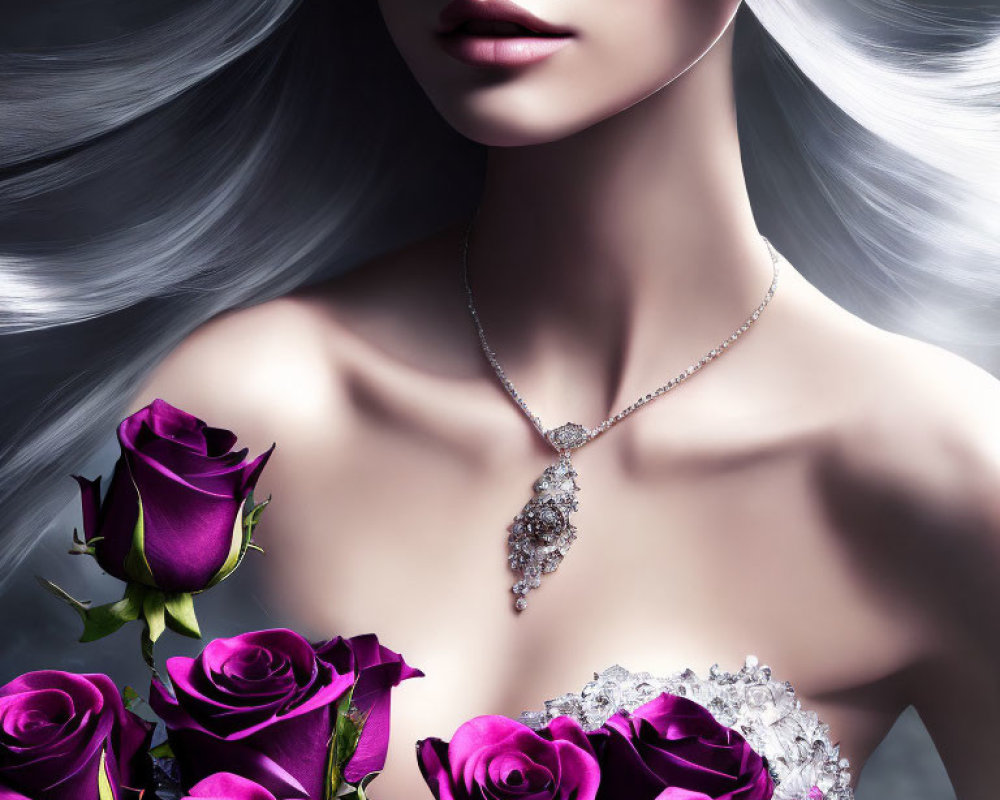 Silver-haired woman with sparkling necklace surrounded by purple roses