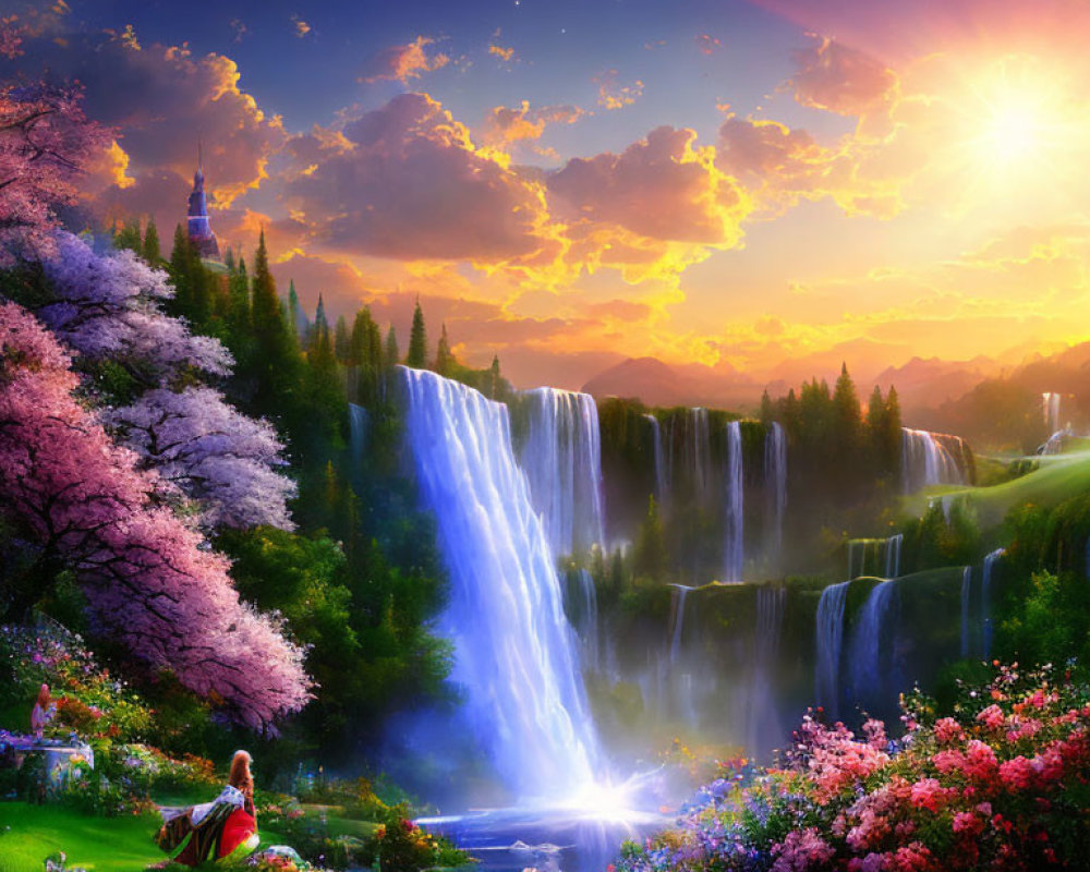 Scenic landscape with waterfalls, cherry blossoms, colorful flowers, and sunset.