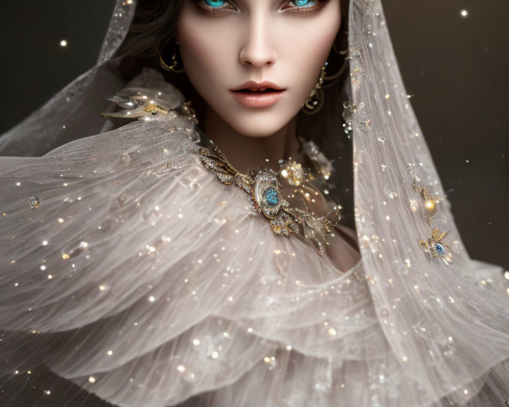 Portrait of Woman with Striking Blue Eyes and Elegant Jewelry