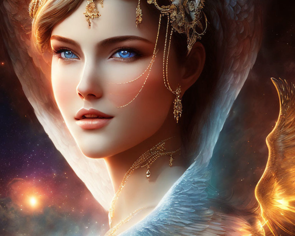 Fantasy image: Woman with blue eyes, golden headpiece, feathers, cosmic backdrop