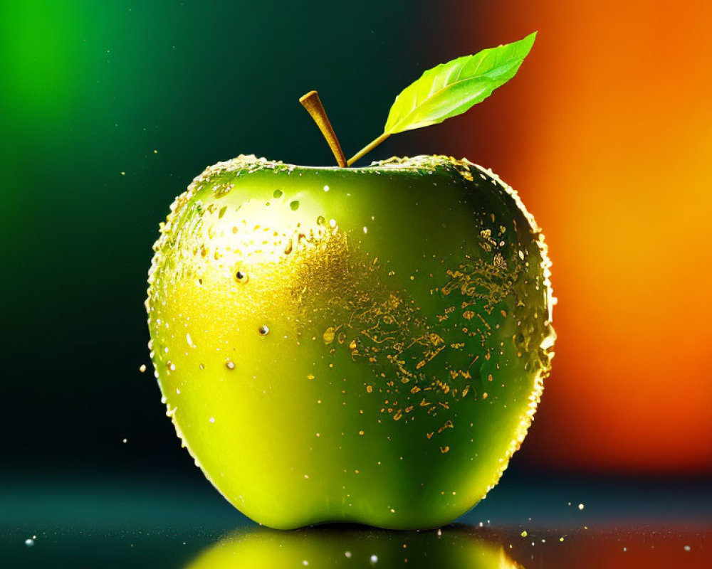 Green Apple with Water Droplets on Colorful Gradient Background