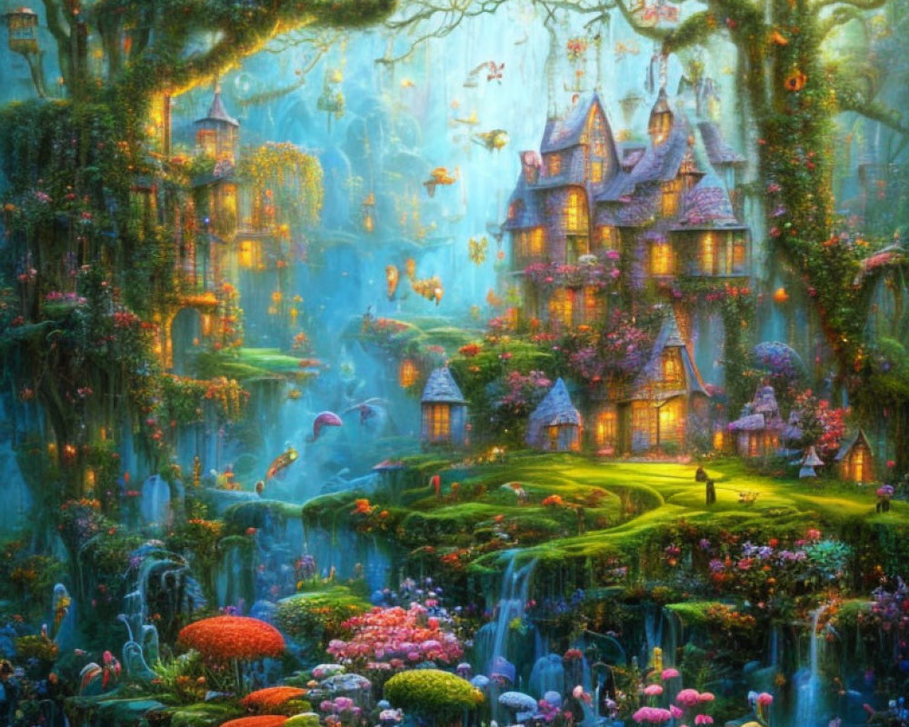 Enchanted forest with whimsical cottages, waterfalls, vibrant flora, and luminescent