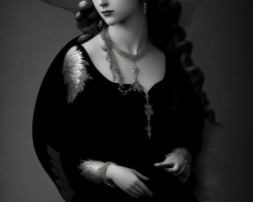 Monochrome digital artwork of a woman with angel wings in elegant gown