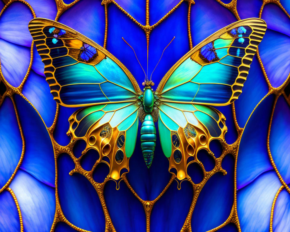 Blue and Gold Butterfly with Intricate Wing Patterns on Deep Blue Background