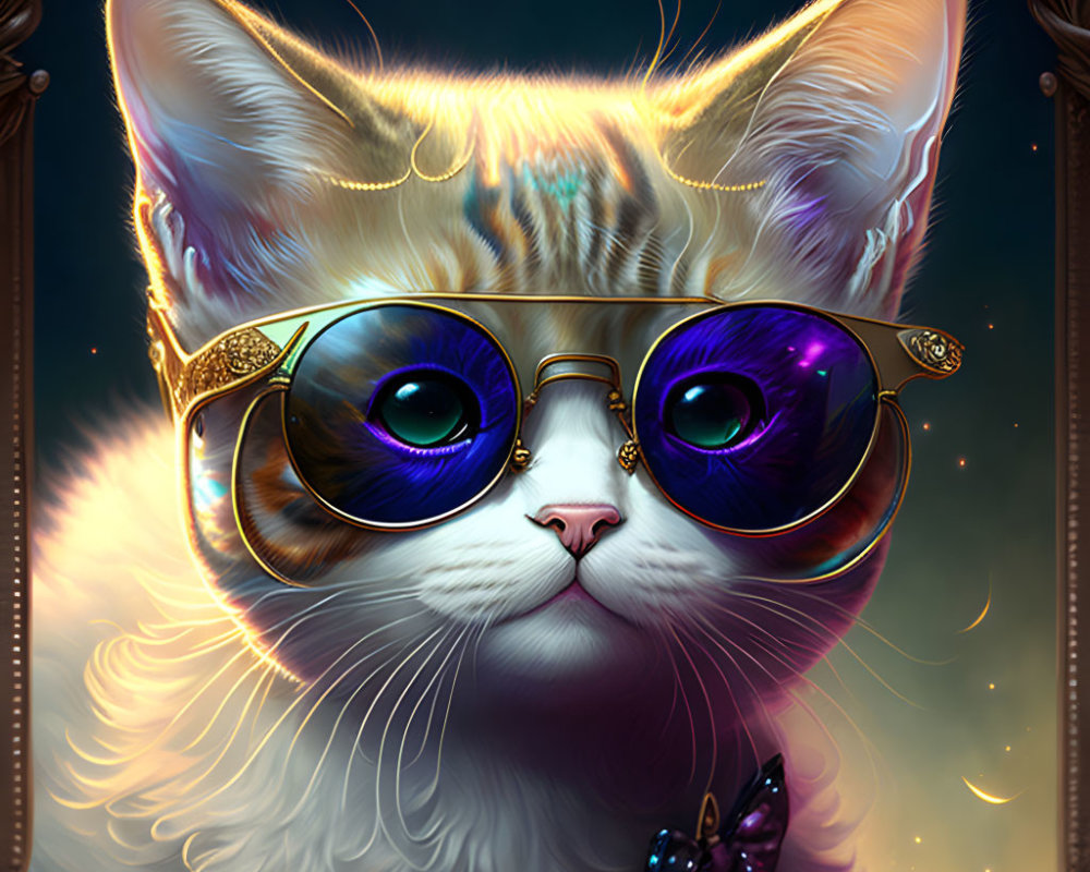 Illustration of Fancy Cat with Purple Glasses, Gold Chain, and Bow Tie