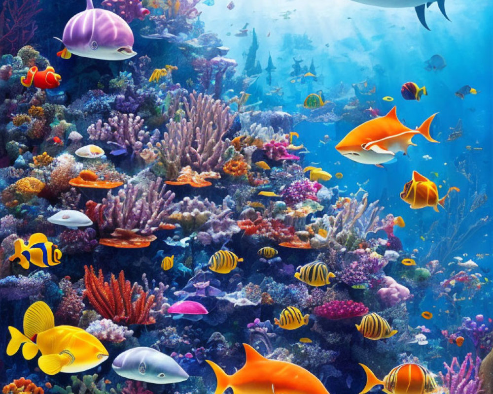 Vibrant underwater scene with colorful fish and coral reefs