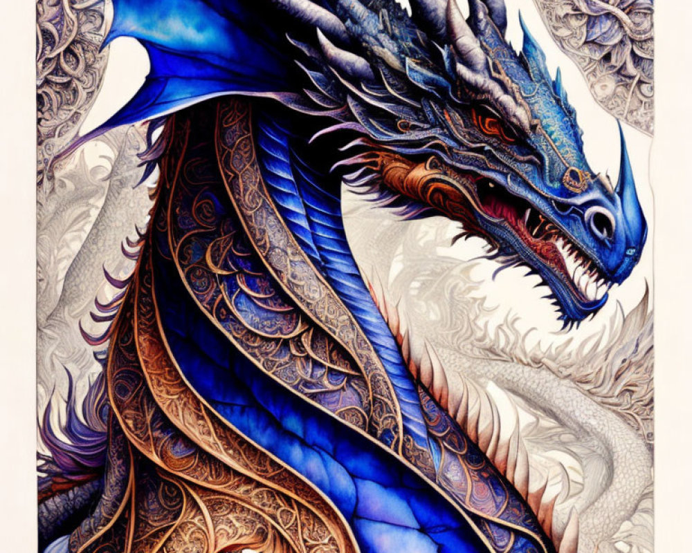 Detailed Blue Dragon Illustration with Intricate Patterns on Scales, Wings, and Horns