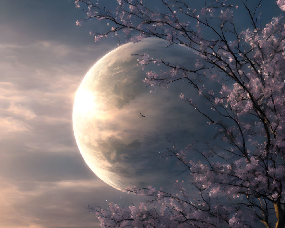 Surreal moon and cherry blossoms with lone bird silhouette at twilight