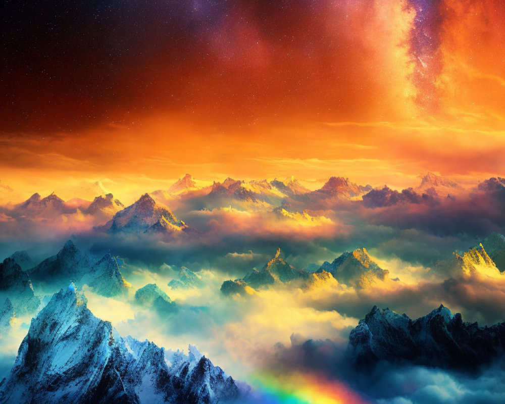 Colorful Landscape with Rainbow, Snowy Mountains, and Cosmic Sky