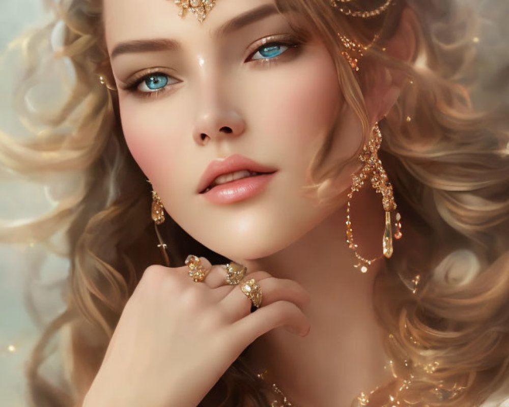 Blonde woman with blue eyes adorned in gold jewelry on soft background