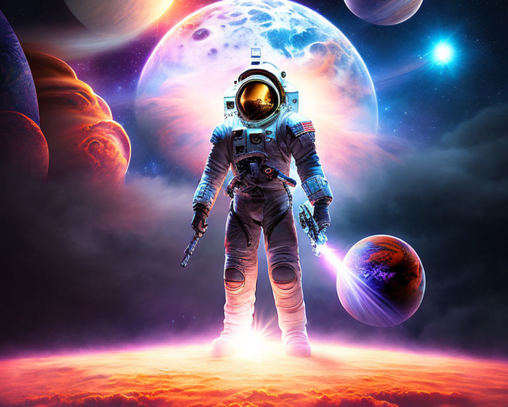 Astronaut in surreal cosmic scene with planets and nebula