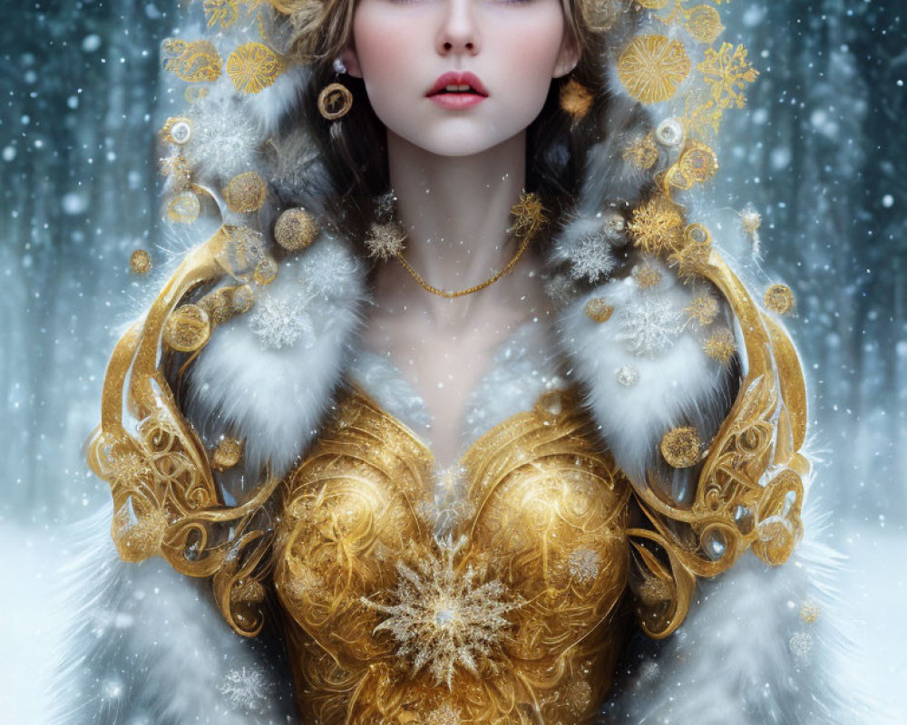 Ethereal woman in luxurious gold and white fur-trimmed dress against snowy backdrop