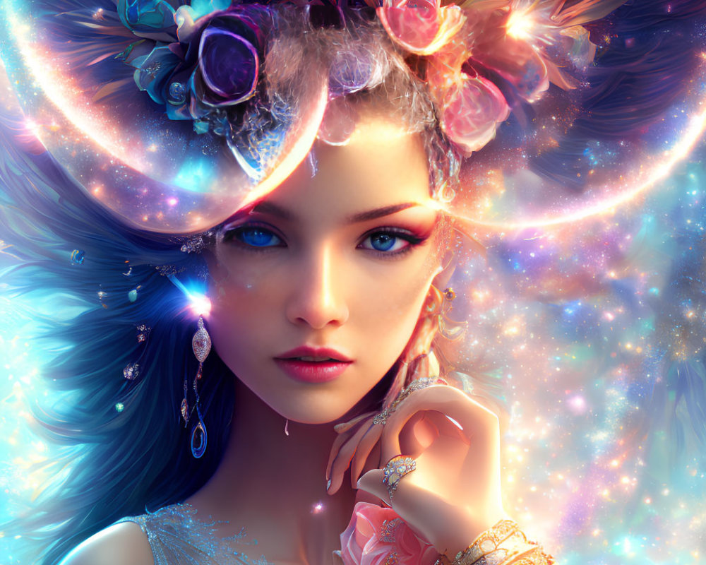 Vibrant blue-eyed woman with floral wreath and cosmic backdrop