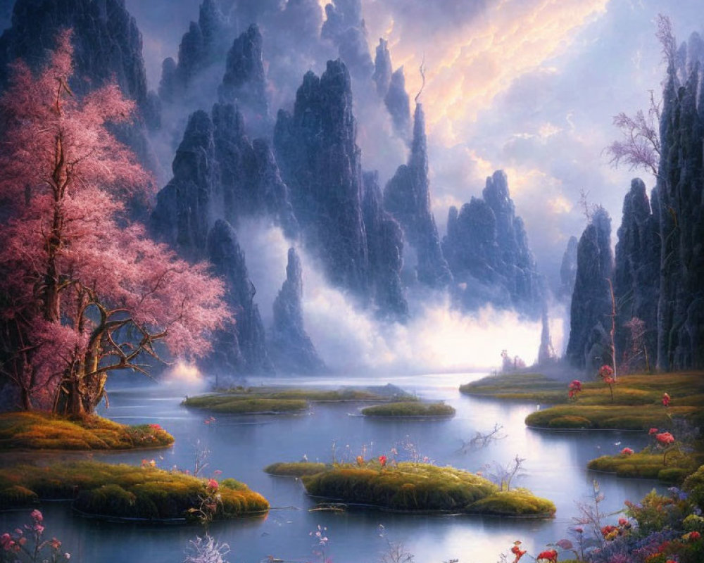 Fantasy landscape with rocky spires, waterways, greenery, pink blossom trees, and radiant