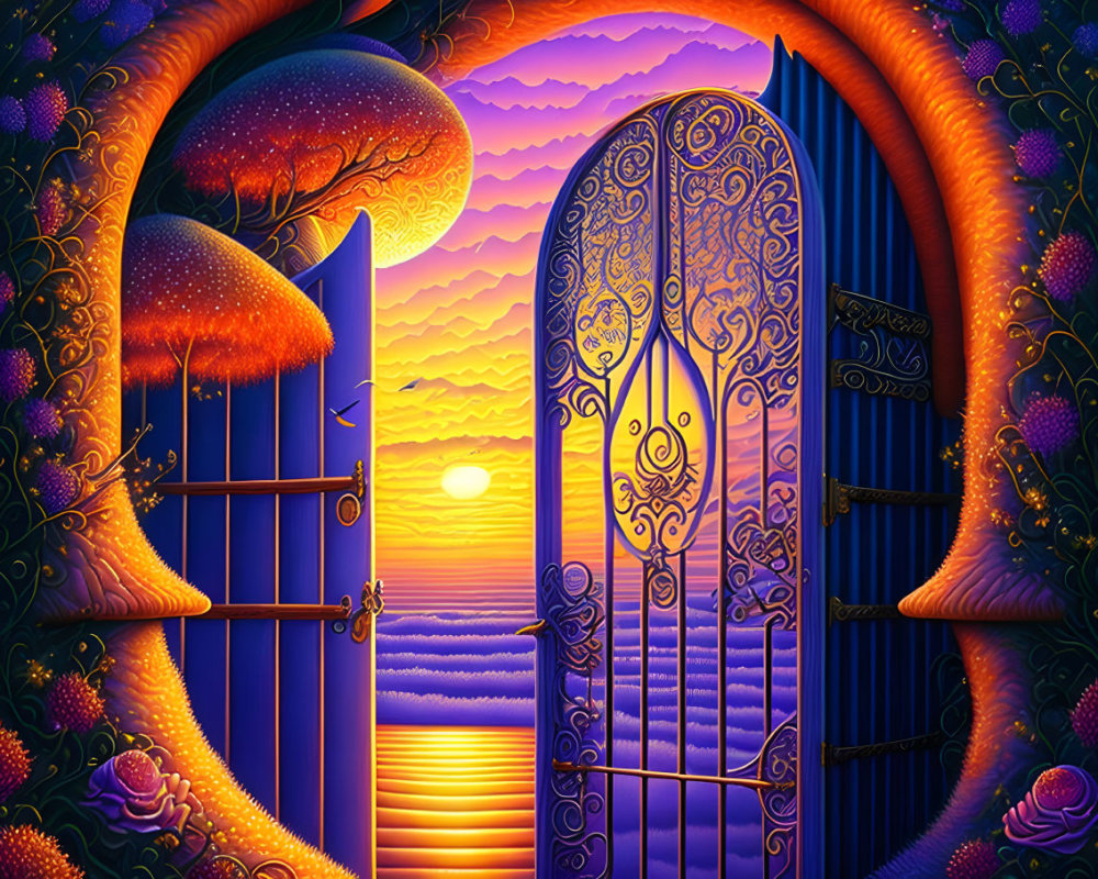 Enchanted garden with ornate gate, sunset over calm sea, glowing foliage