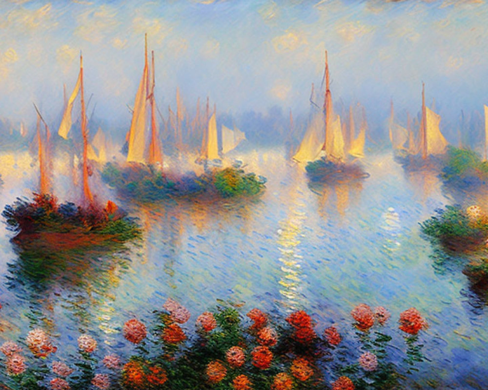 Impressionist painting of sailboats and blooming flowers on hazy water