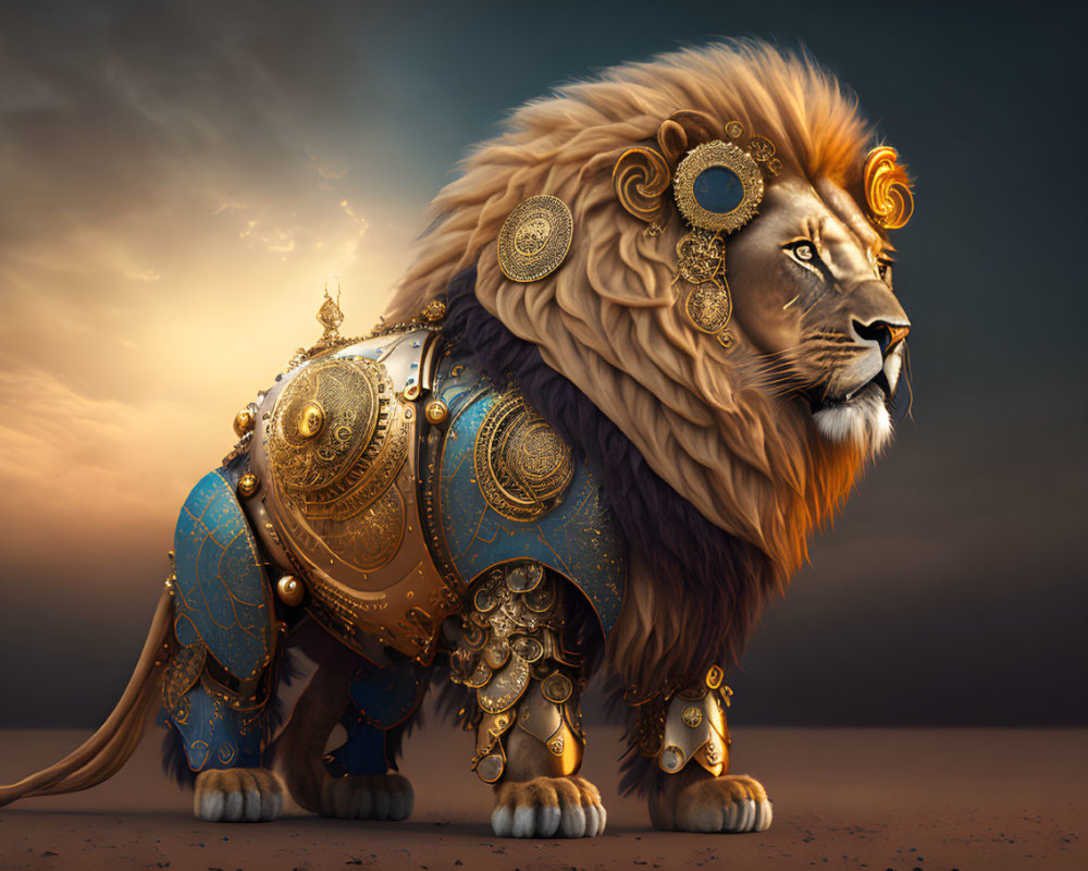 Regal lion adorned in golden and blue armor on dusky sky