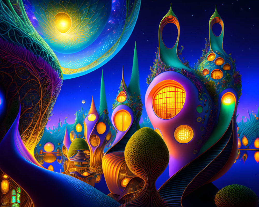 Colorful psychedelic landscape with whimsical trees and glowing windows under a starry night sky.