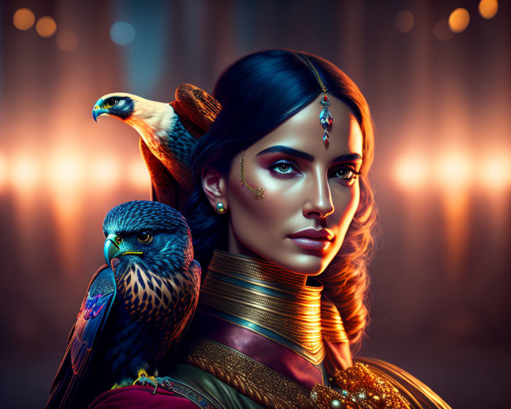 Woman with Striking Makeup and Jewelry with Majestic Birds of Prey in Warm Glowing Lights