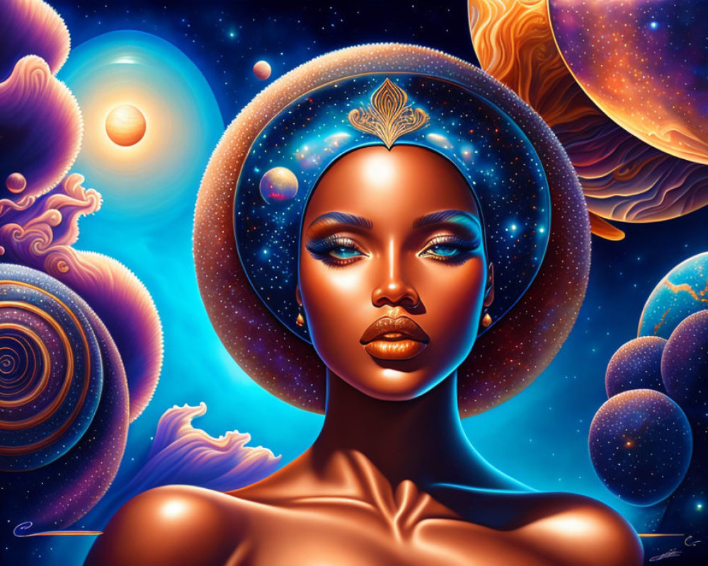 Surrealist artwork of a cosmic woman with stars and planets