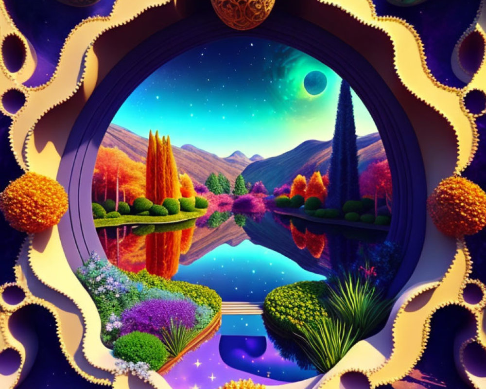 Colorful Trees and Celestial Sky in Ornate Egg-shaped Frame