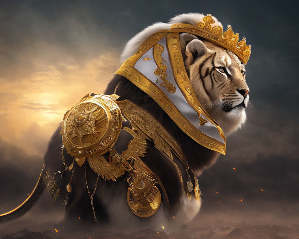 Regal lion with golden armor and crown under dramatic sky